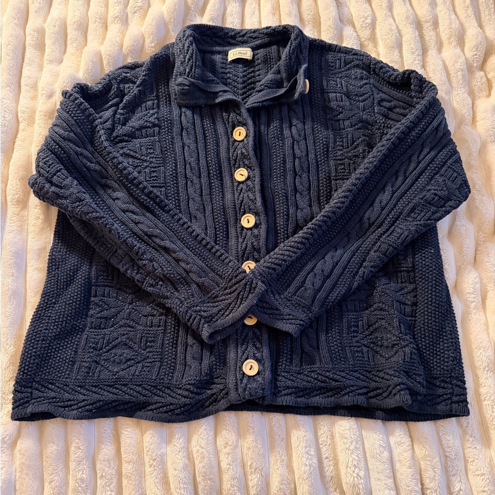 L.L. Bean Women's Navy Fisherman Cable Knit Button-Front Sweater